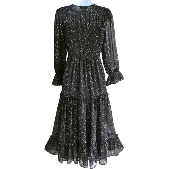Top Shop Black Peasant Dress Midi White Polka Dots Tiered Ruffles Smocked Bodice - Picture 3 of 7